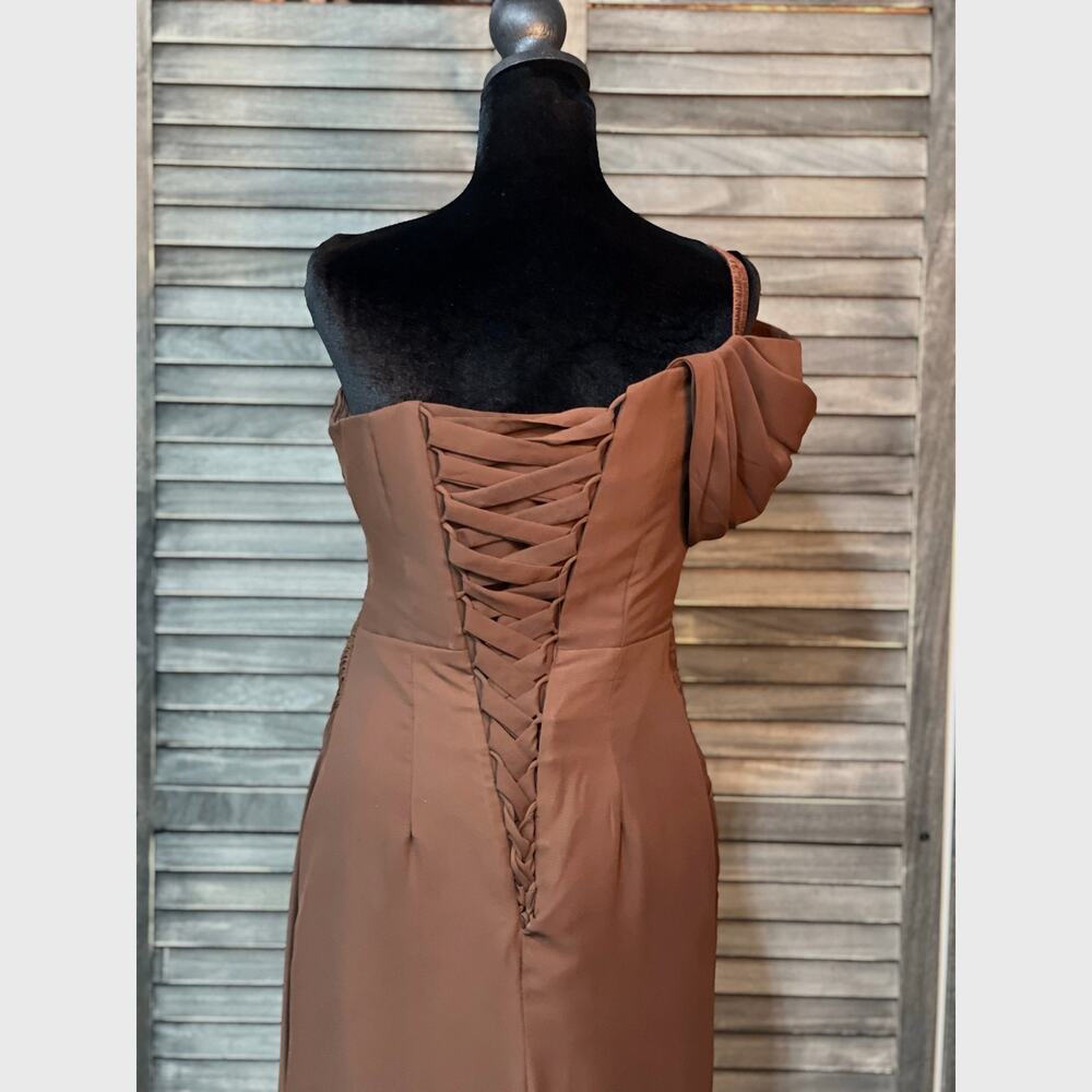 Elegant One Shoulder Corset Formal Gala Gown Size 4 Chocolate Brown RYANTH NWT - Picture 6 of 11